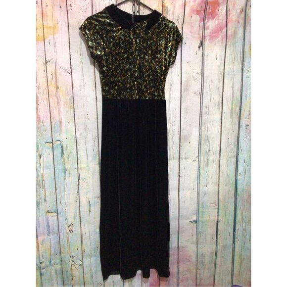 Vintage 90’s BENDIGO IMPRESSIONS VELVET Dress Size Small Funky Maxi Black Multi - Picture 9 of 16